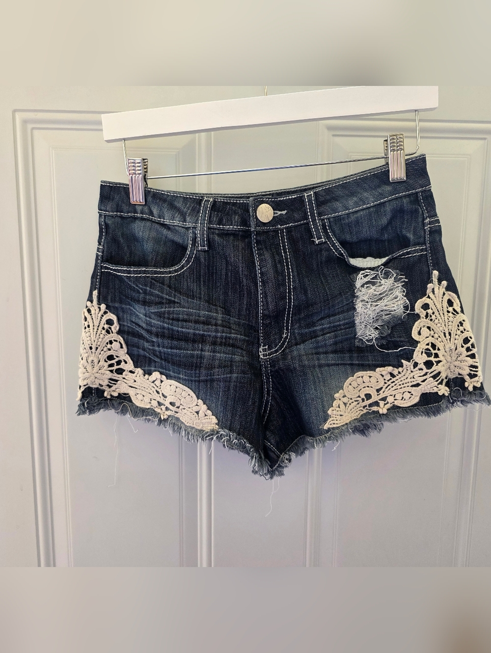 Crave Fame Denim Crochet Trim Women's Shorts - Dark Blue Size 7